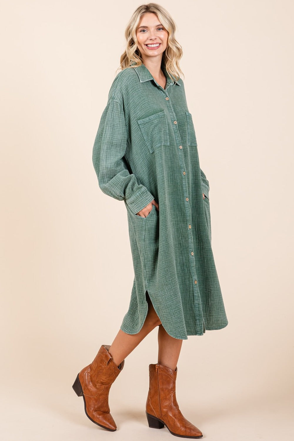 Mittoshop Mineral Wash Cotton Gauze Midi Shirt Dress  Trendsi   