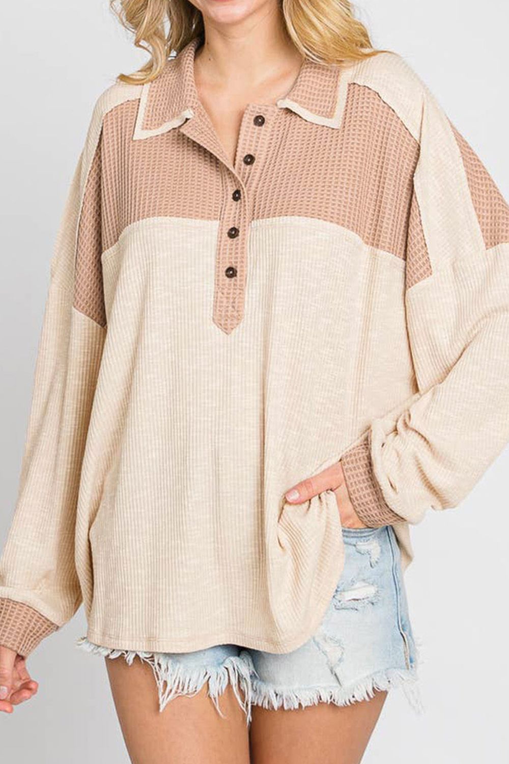 Color Block Half Button Up Blouse Blouse Trendsi   