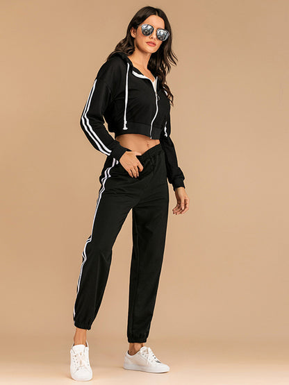 Perfee Drawstring Side Stripe Zip Up Hooded Top and Pants Set  Trendsi   