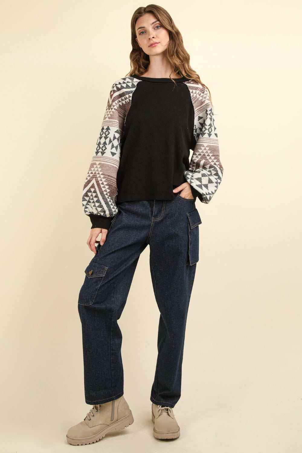 VERY J Printed Long Sleeve Round Neck Knit Top Luxe Trendsi   