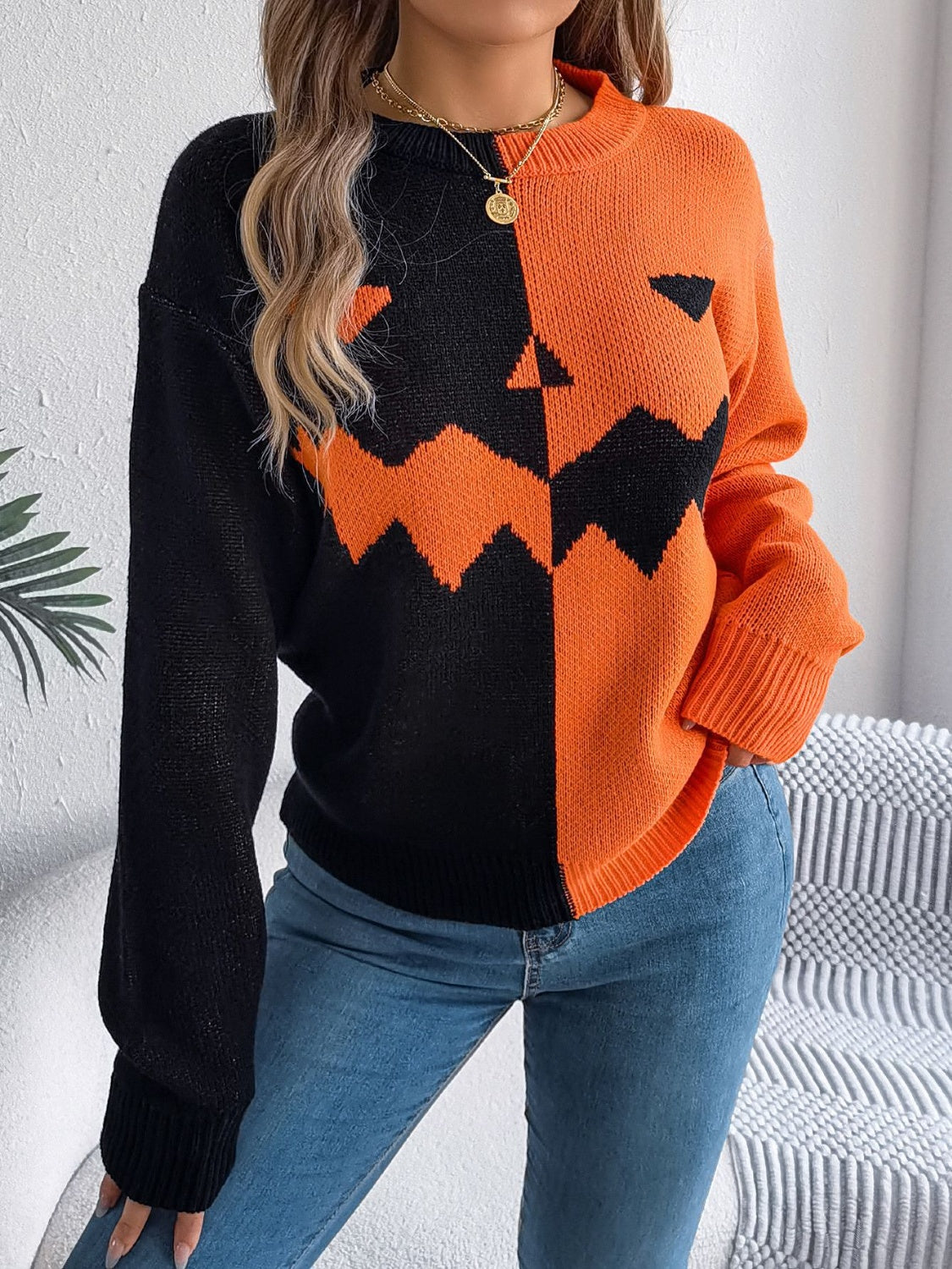 Contrast Round Neck Long Sleeve Sweater  Trendsi Orange S 