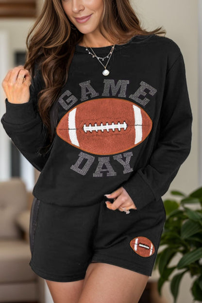 GAME DAY Football Round Neck Long Sleeve Top and Shorts Set  Trendsi Black S 