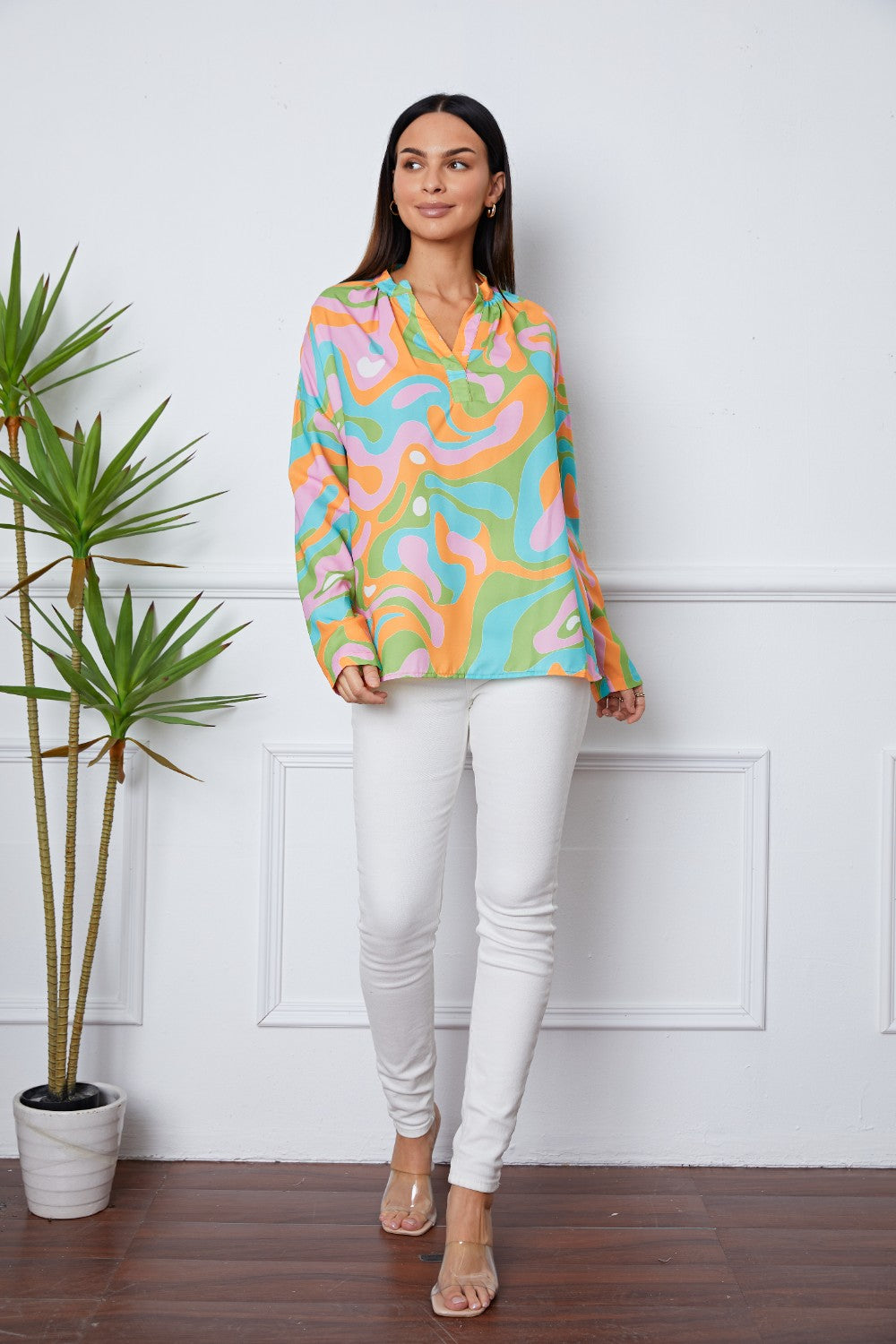 Printed Notched Long Sleeve Blouse Blouse Trendsi   