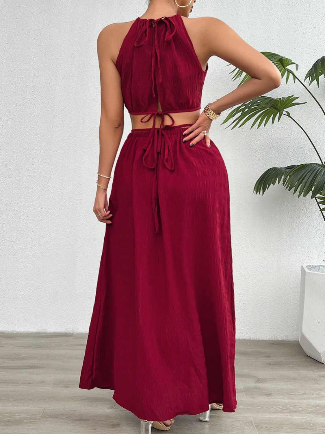 Devine Grecian Neck Top and Slit Skirt Set  Trendsi   