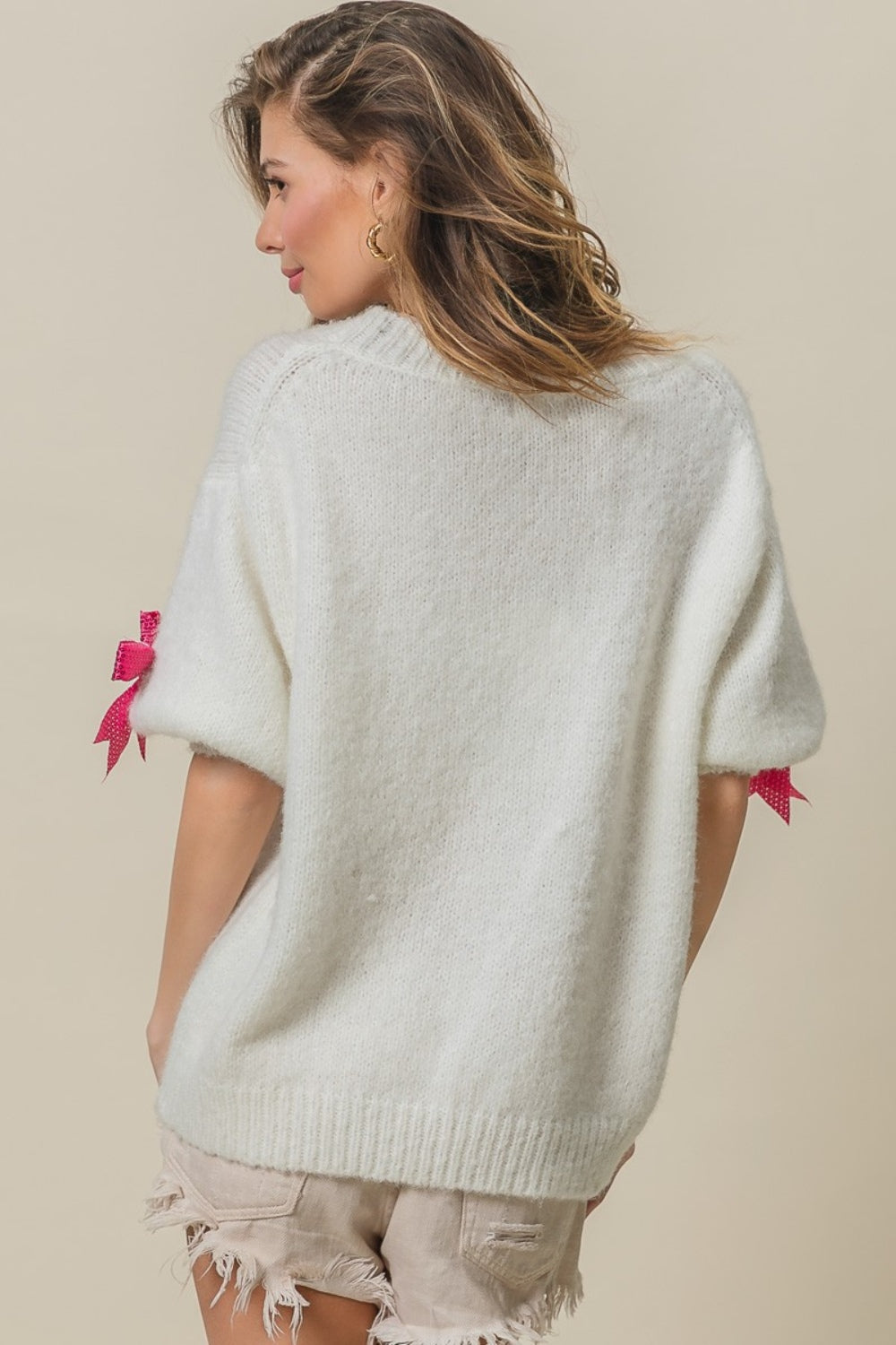 BiBi Sequin Bow Puff Sleeve Sweater  Trendsi   