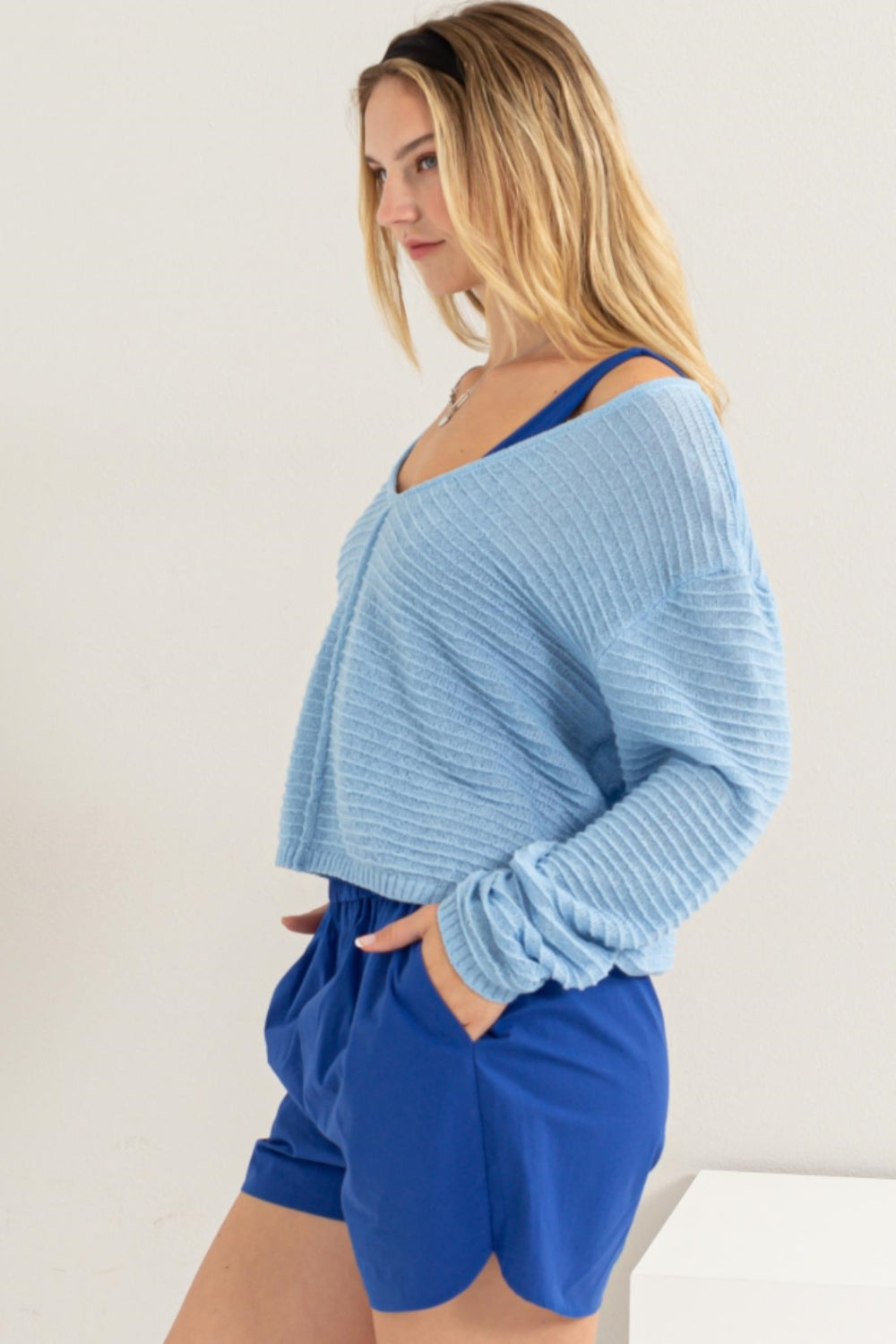 HYFVE V-Neck Stripe Texture Long Sleeve Top  Trendsi   