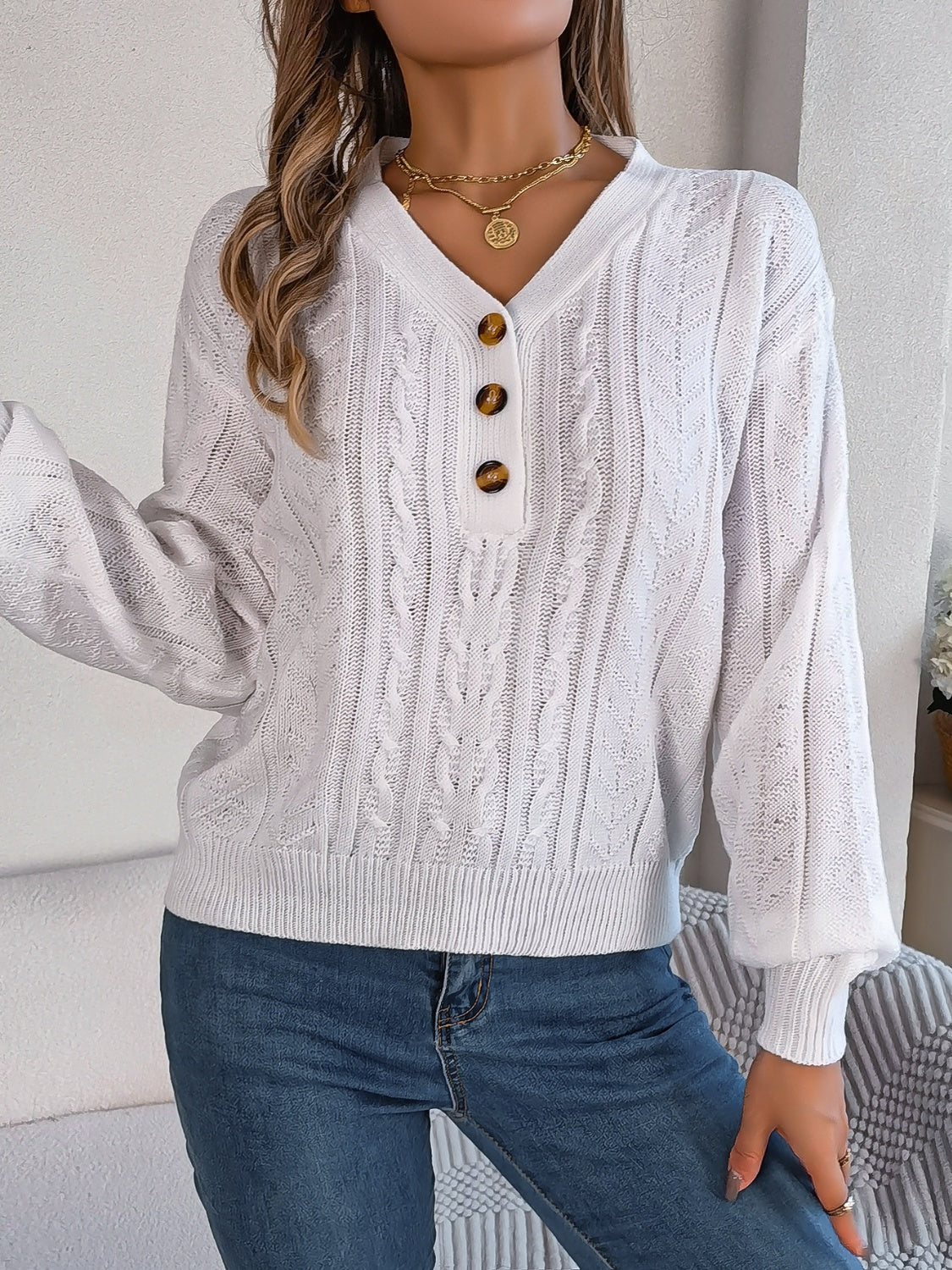 Cable-Knit V-Neck Long Sleeve Sweater  Trendsi   