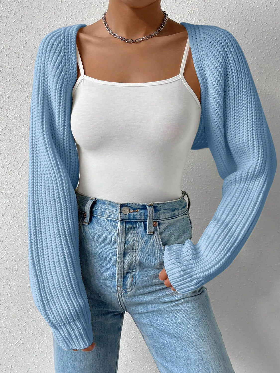 Honey Open Front Long Sleeve Cropped Cardigan  Trendsi Light Blue S 