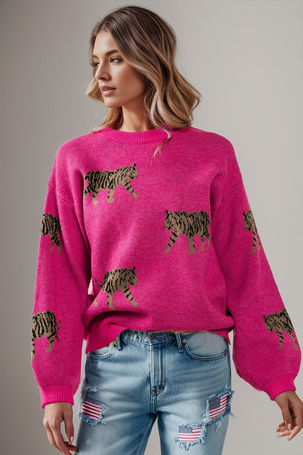 Tiger Pattern Round Neck Drop Shoulder Sweater  Trendsi Hot Pink M 