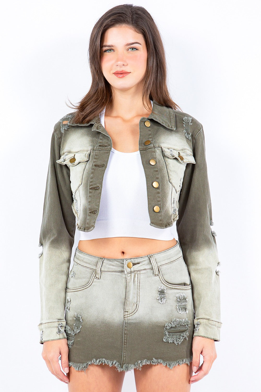 American Bazi Distressed Ombre Washed Cropped Denim Jacket  Trendsi Olive S 