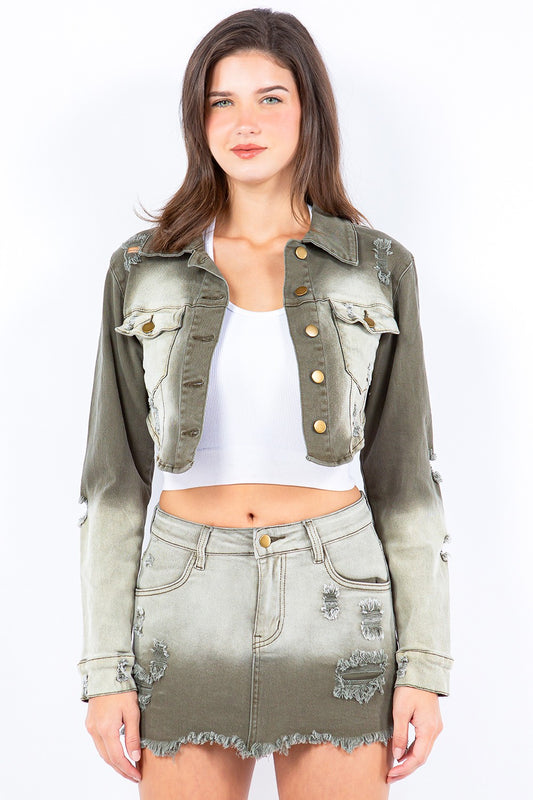 American Bazi Distressed Ombre Washed Cropped Denim Jacket  Trendsi Olive S 