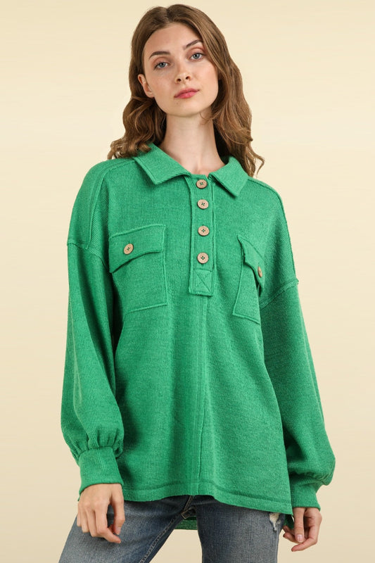 VERY J Collared Half Button Knit Top with Pockets Luxe Trendsi Green S 