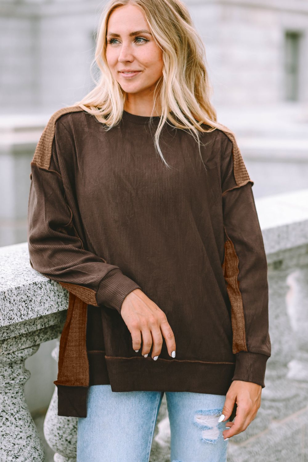 Ribbed Exposed Seam Dropped Shoulder Blouse Blouse Trendsi   