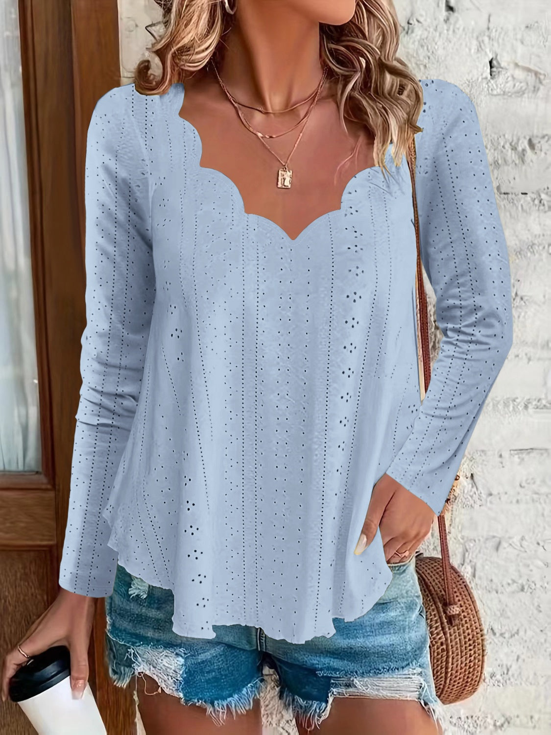 Eyelet Long Sleeve Blouse  Trendsi Light Blue S 