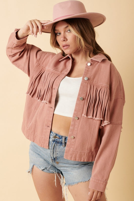 Mittoshop Fringe Detail Cotton Twill Jacket  Trendsi Dusty Blush S 