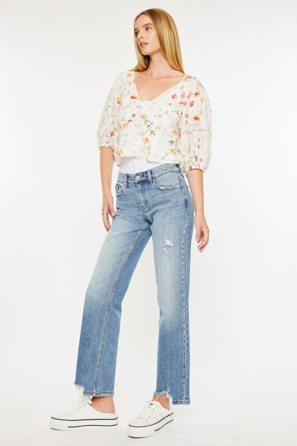 Kancan Mid Rise Frayed Hem Straight Jeans  Trendsi   