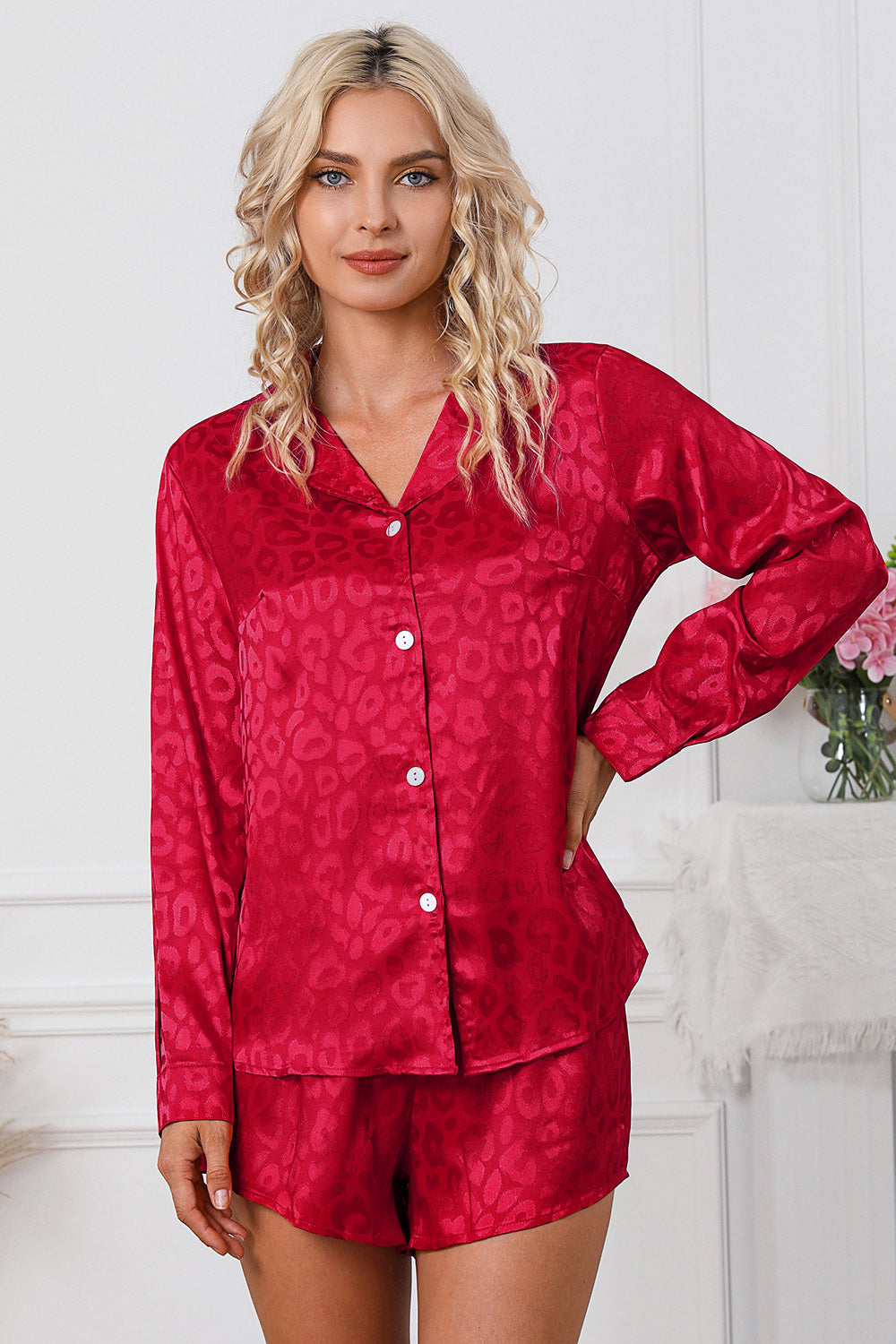 Long Sleeve Shirt and Shorts Lounge Set  Trendsi Red S 