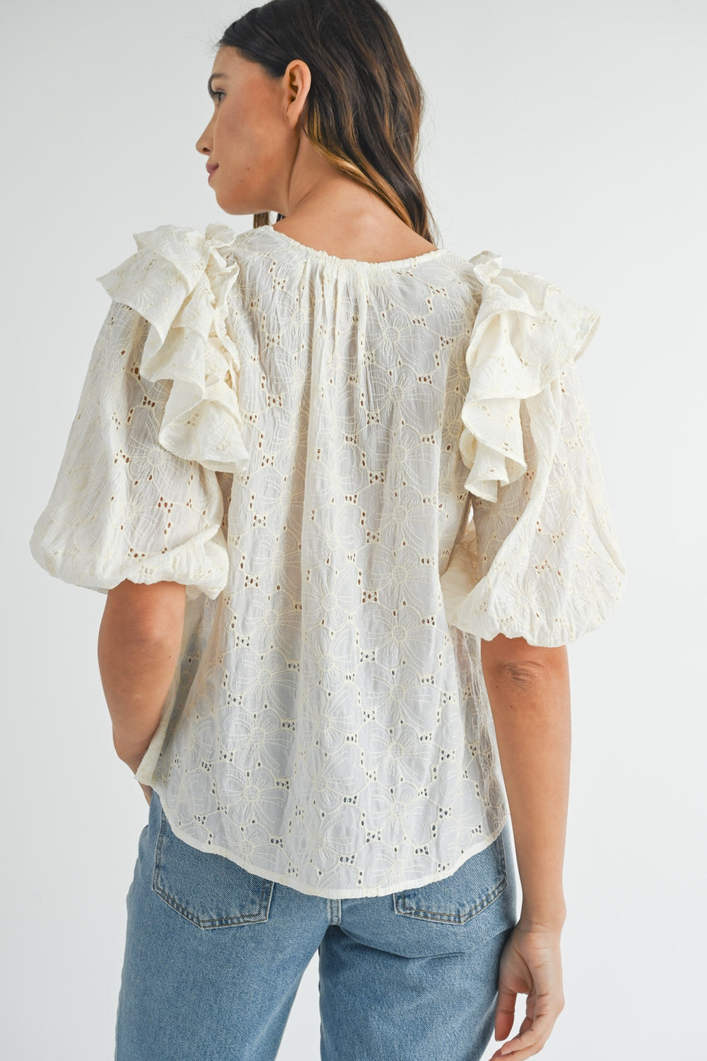 MABLE Eyelet Lace Ruffle Shoulder Puff Sleeve Blouse  Trendsi   