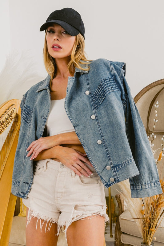 BiBi Button Up Long Sleeve Denim Jacket  Trendsi DENIM S 