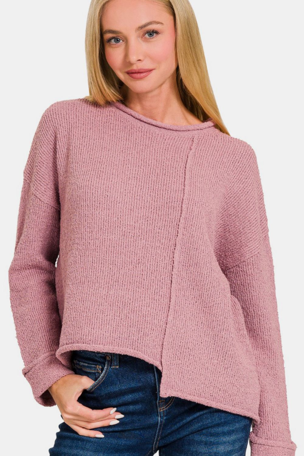 Zenana Asymmetric Hem Drop Shoulder Sweater  Trendsi Lt Rose S 