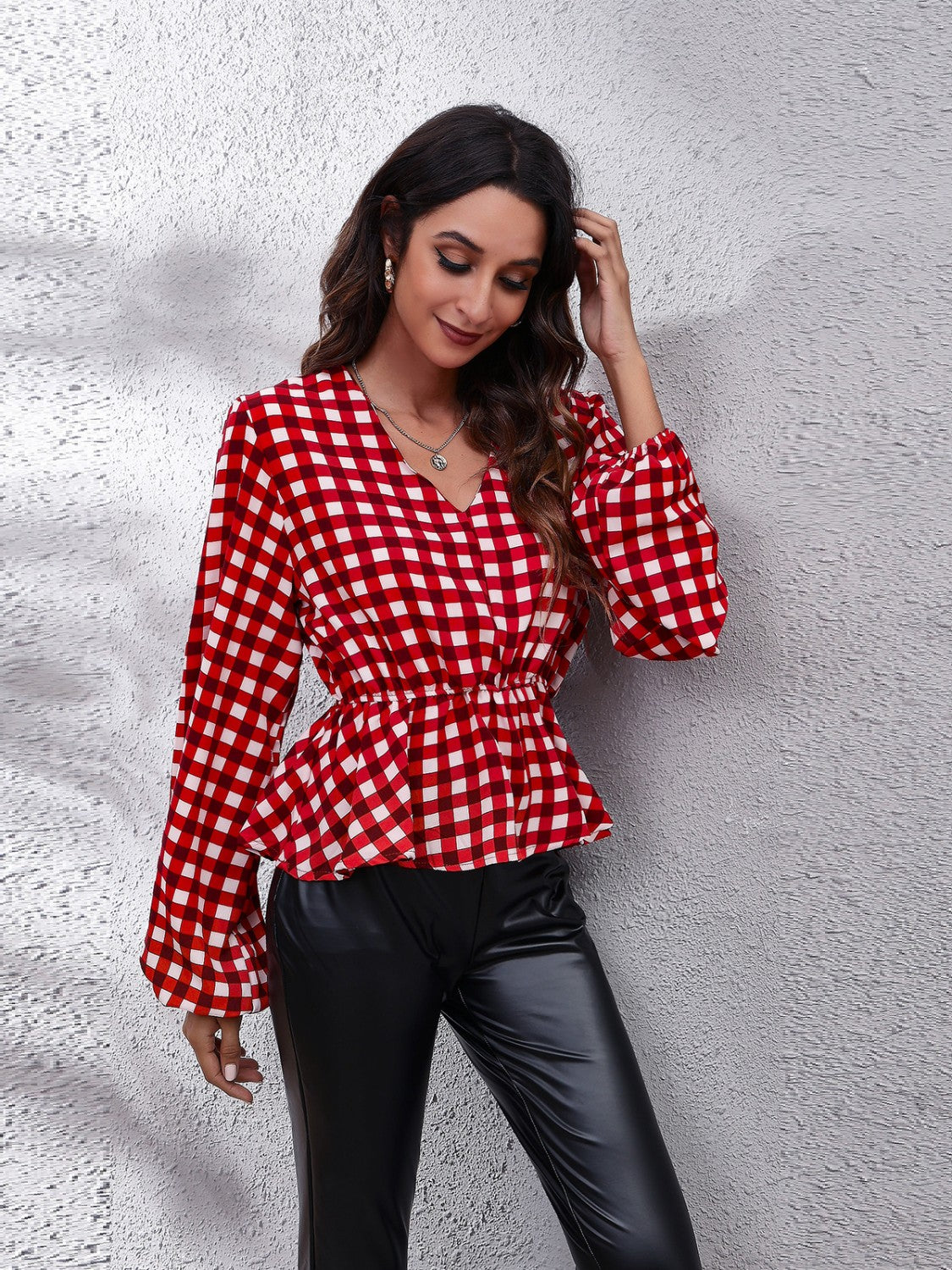 Plaid V-Neck Balloon Sleeve Peplum Blouse Blouse Trendsi   