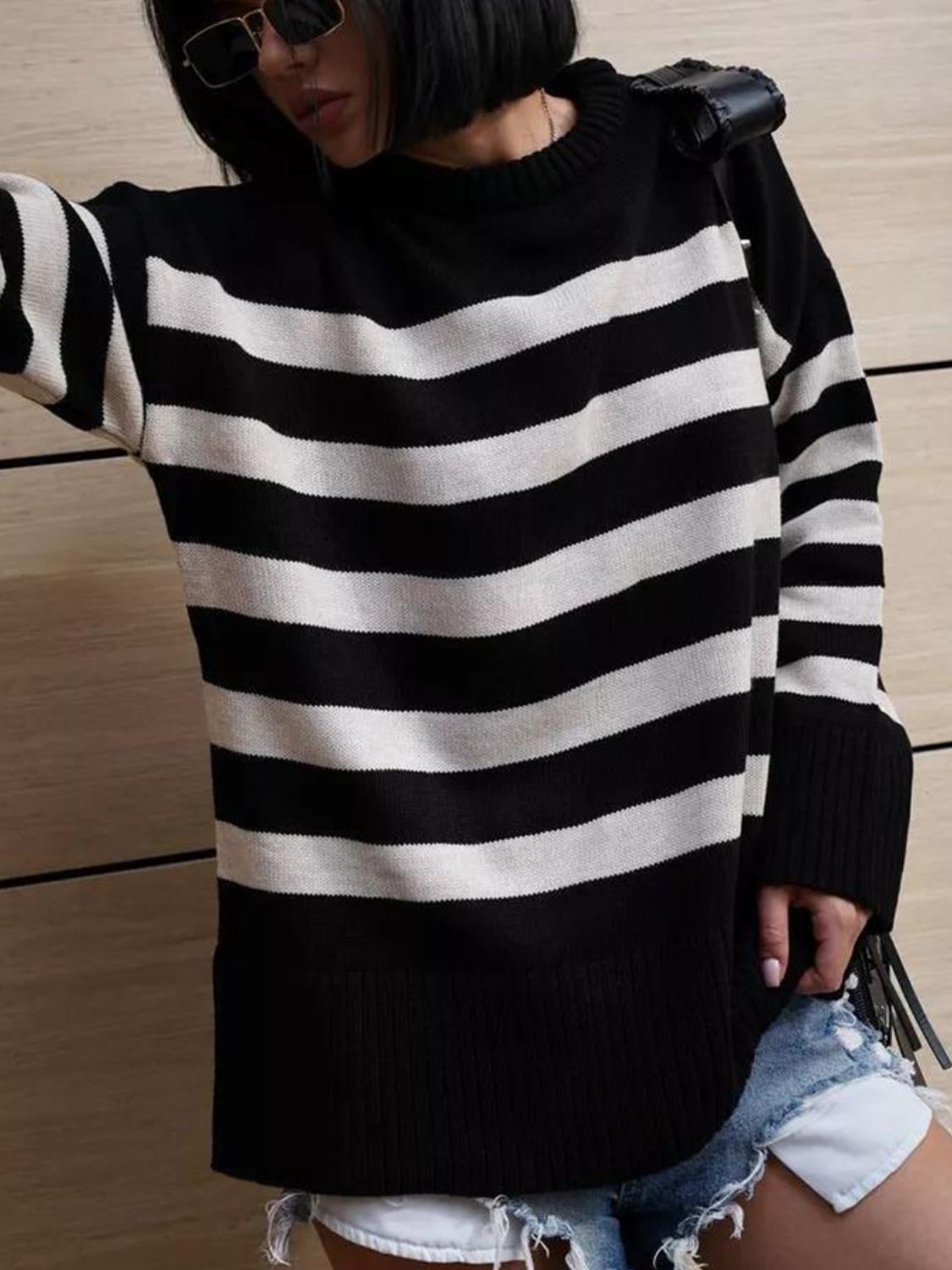 Slit Striped Round Neck Sweater  Trendsi   