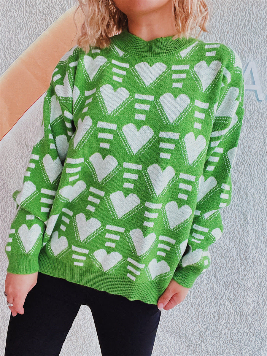 Heart Contrast Long Sleeve Dropped Shoulder Sweater  Trendsi   