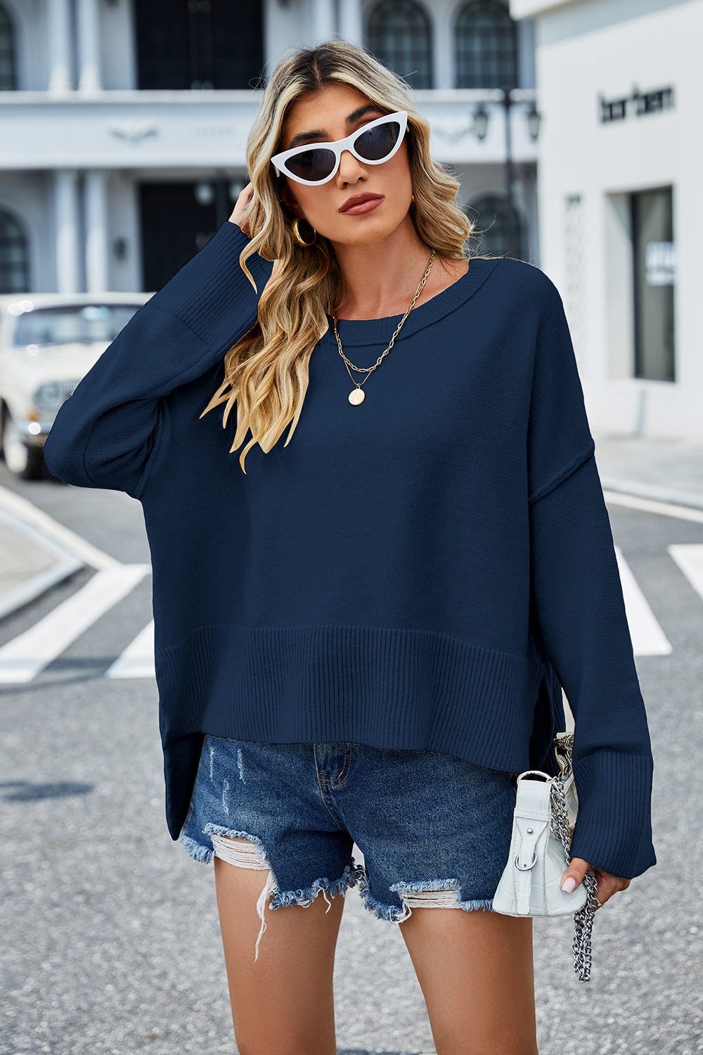 High-Low Slit Round Neck Long Sleeve Sweater  Trendsi   