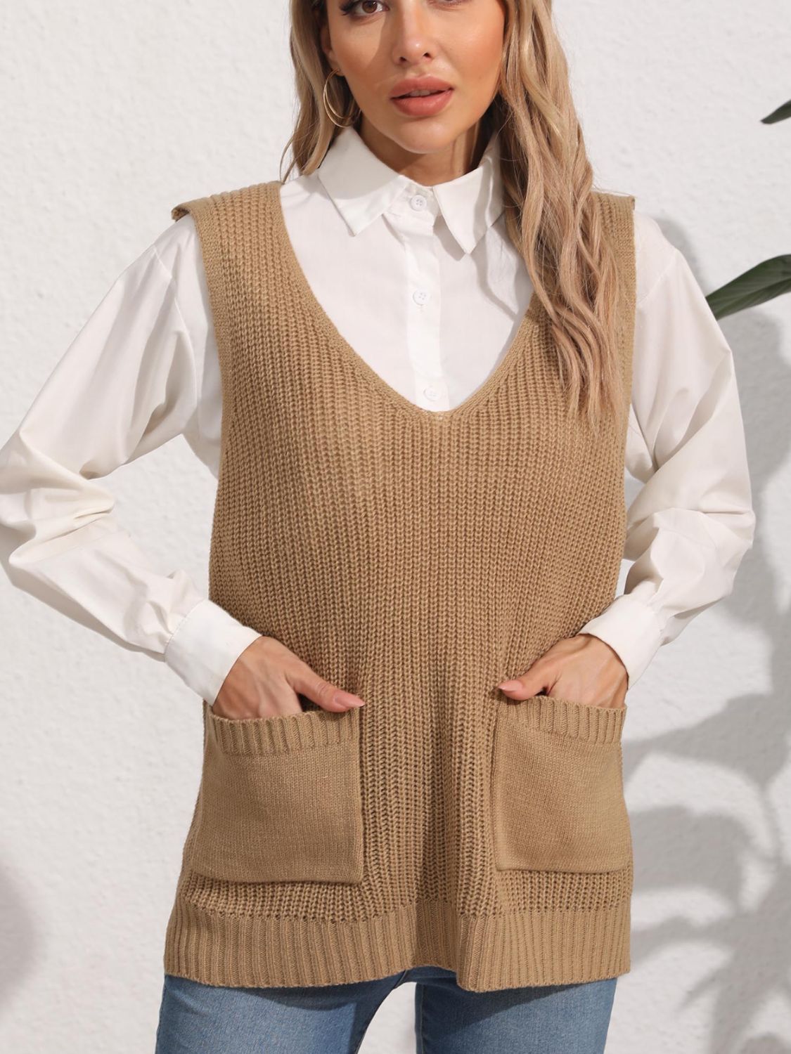 Pocketed V-Neck Sweater Vest  Trendsi   