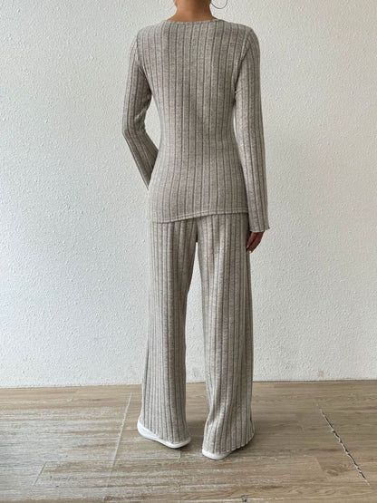 Ribbed V-Neck Long Sleeve Top and Pocketed Pants Set  Trendsi   