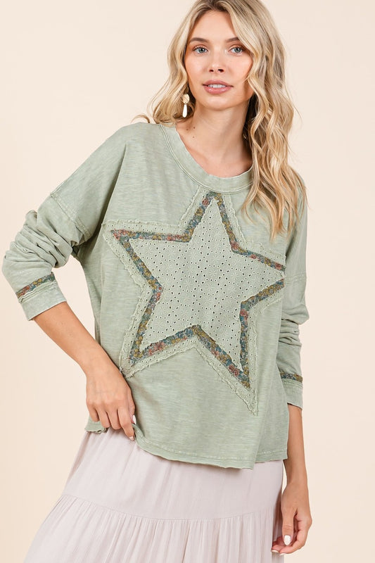 Mittoshop Mineral Wash Star Patch Long Sleeve T-Shirt  Trendsi Sage S 