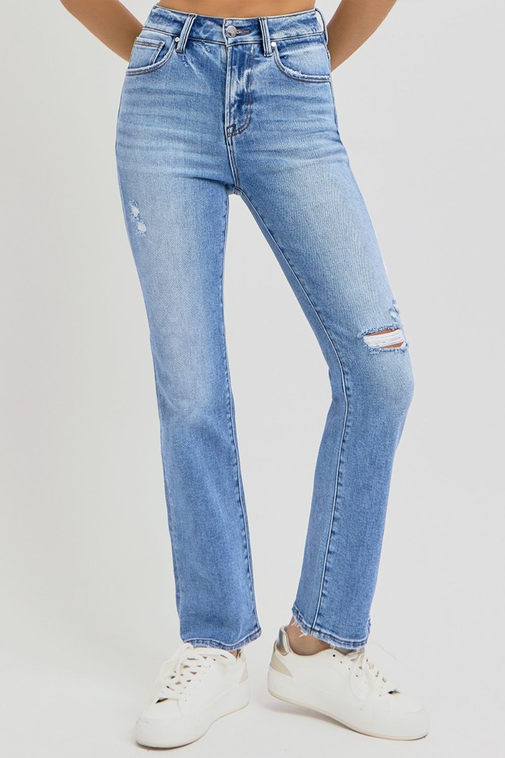 RISEN Full Size Distressed High-Rise Ankle Straight Jeans  Trendsi   