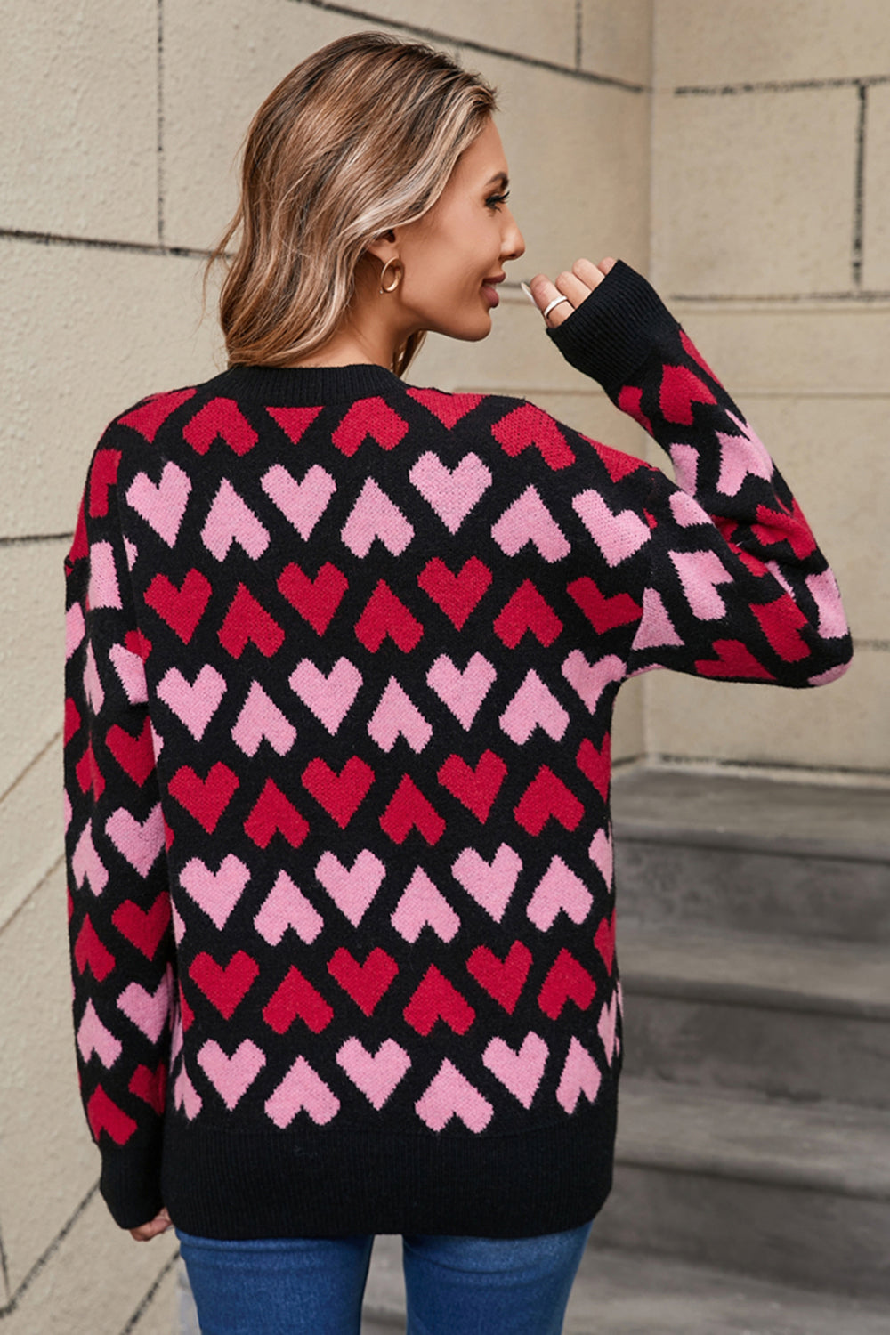 Angel Wings Contrast Heart Round Neck Sweater  Trendsi   