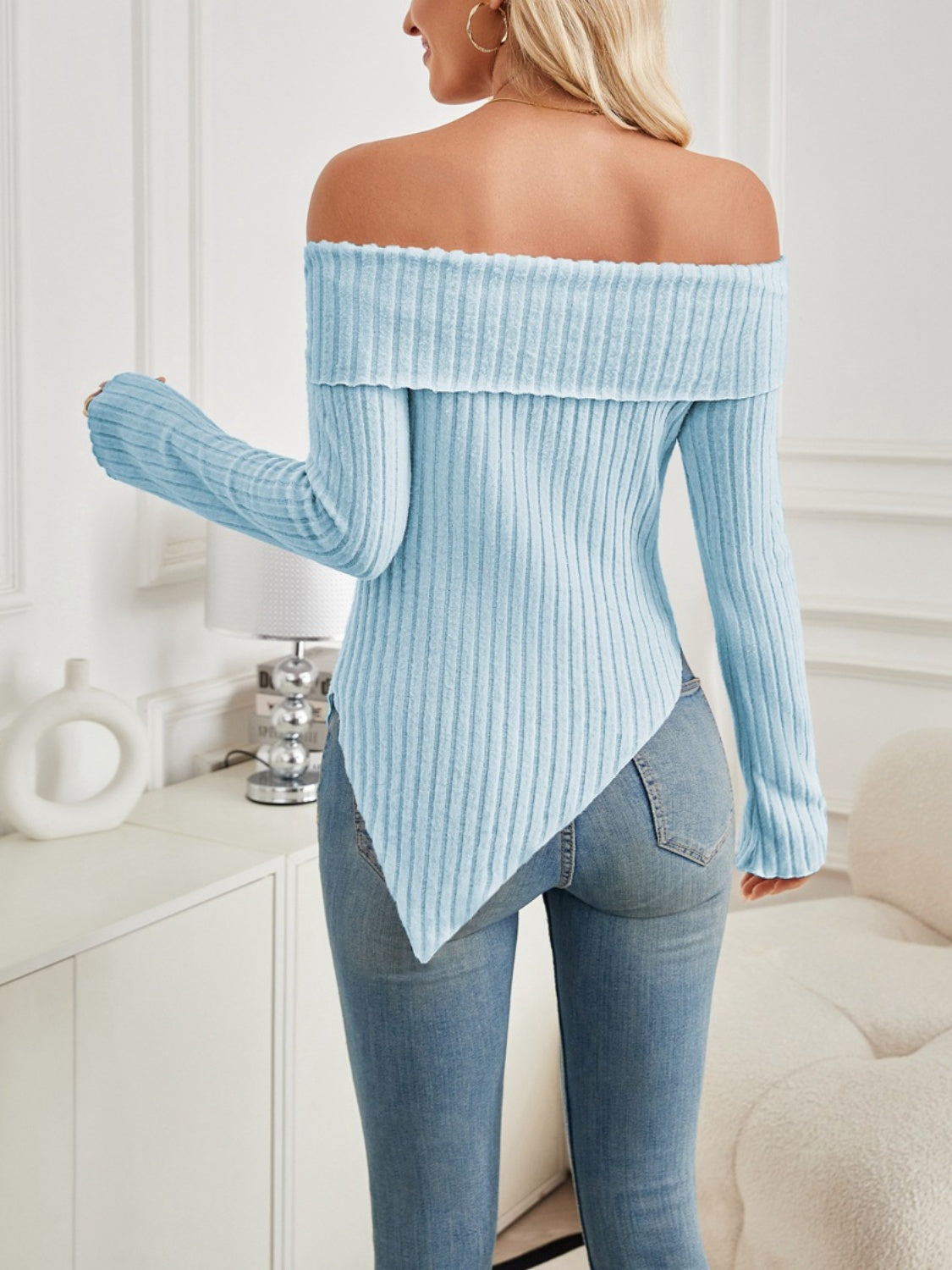 Ribbed Asymmetrical Hem Off-Shoulder Long Sleeve T-Shirt T-Shirt Trendsi   