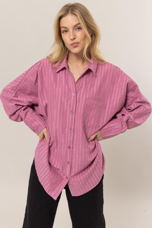 HYFVE Stripe Button Down Long Sleeve Oversized Shirt  Trendsi Rose Pink S 