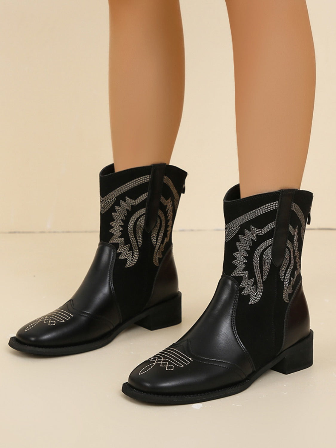 Embroidered PU Leather Block Heel Boots  Trendsi   