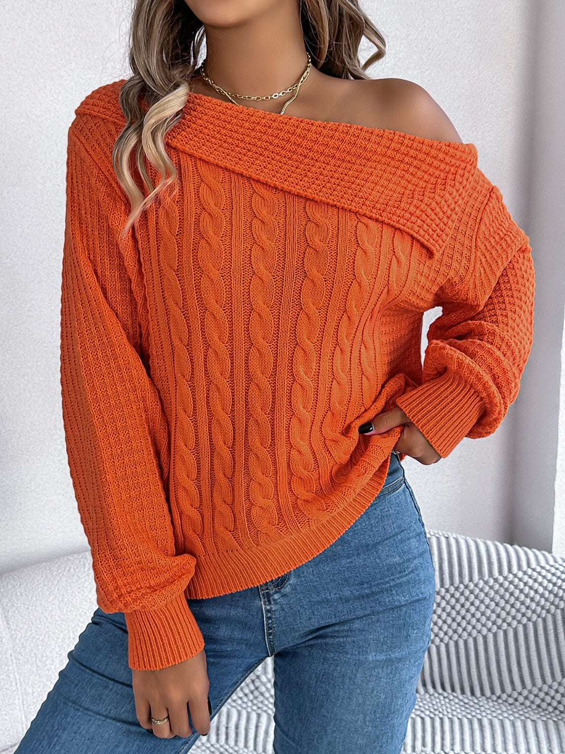 Cable-Knit One Shoulder Long Sleeve Sweater  Trendsi Orange S 