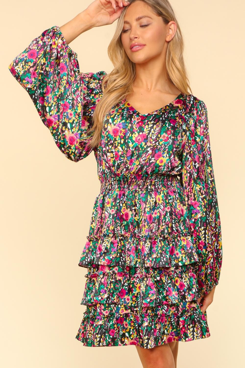 Haptics V-Neck Satin Floral Layered Dress  Trendsi   