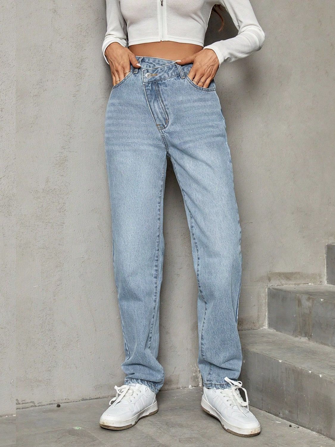 Asymmetric Waist Jeans with Pockets  Trendsi   