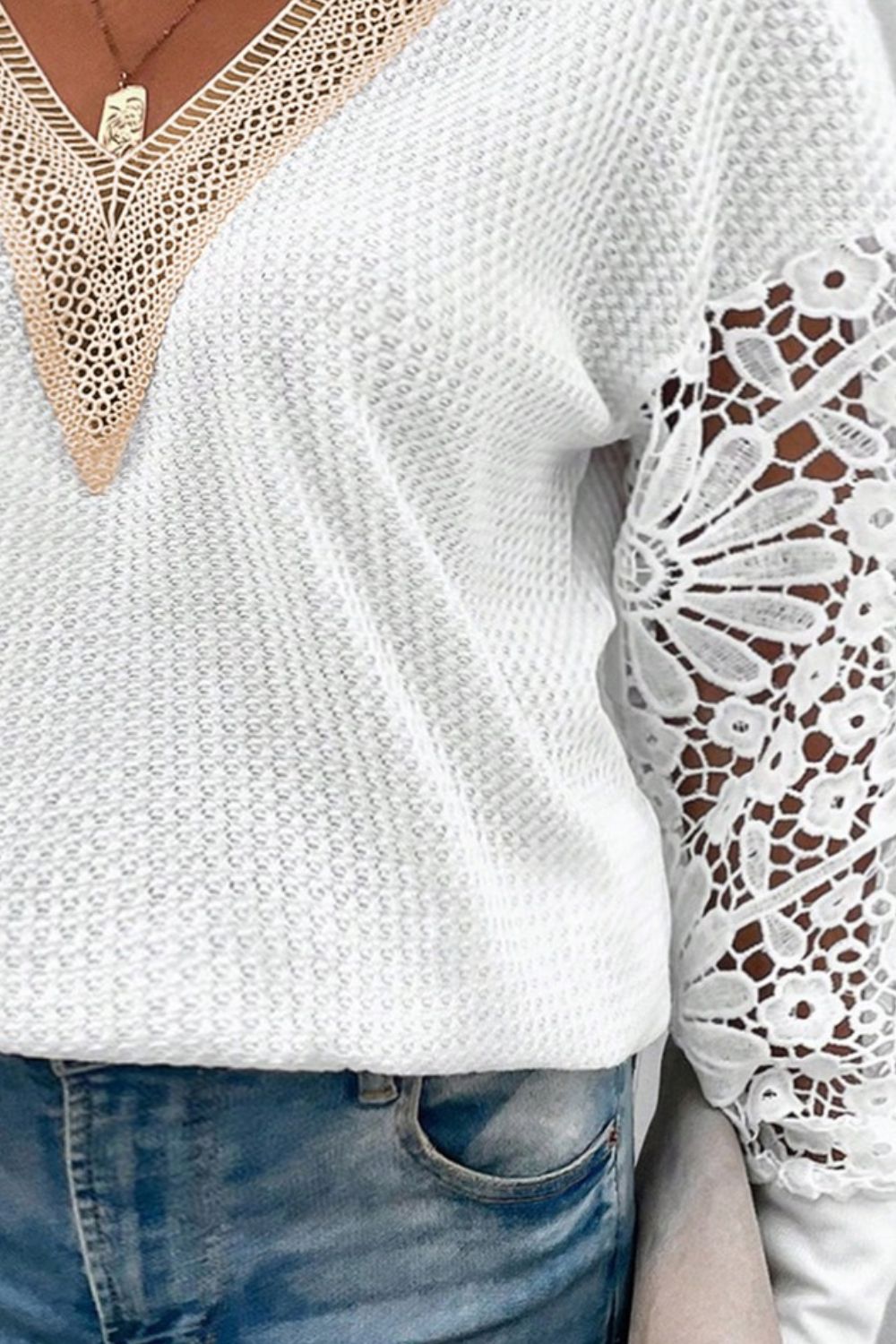 Plus Size Waffle-Knit Crochet V-Neck Blouse Blouse Trendsi   