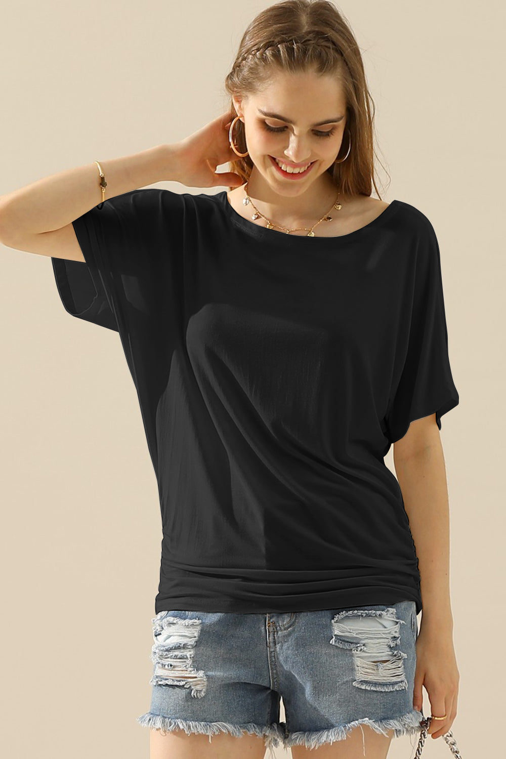 Ninexis Boat Neck Short Sleeve Ruched Side Top Blouse Trendsi BLACK S 