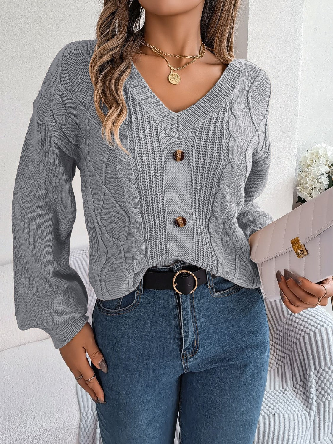 Cable-Knit Buttoned V-Neck Sweater  Trendsi Charcoal S 