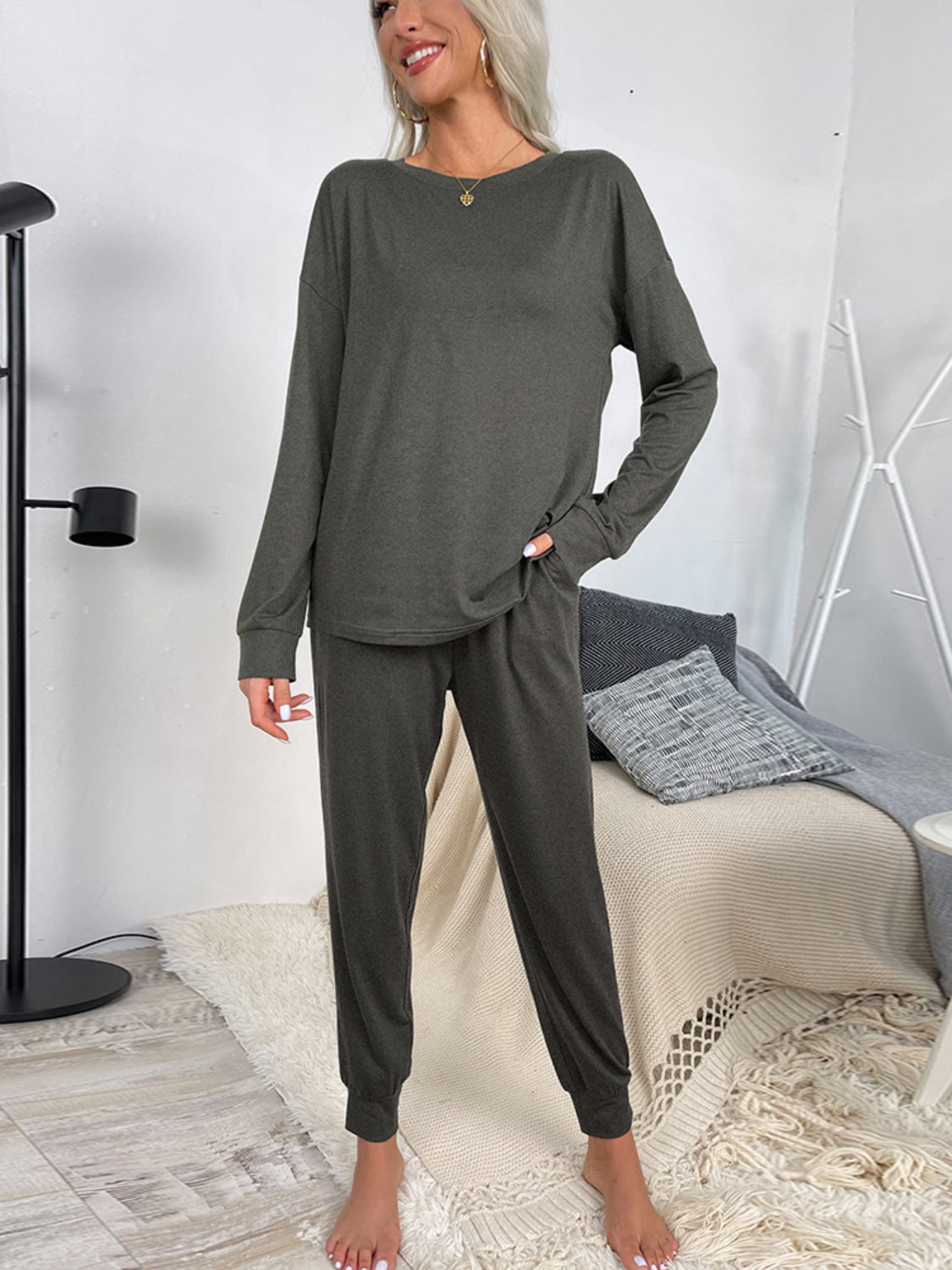 Shiny Round Neck Top and Drawstring Pants Lounge Set  Trendsi   