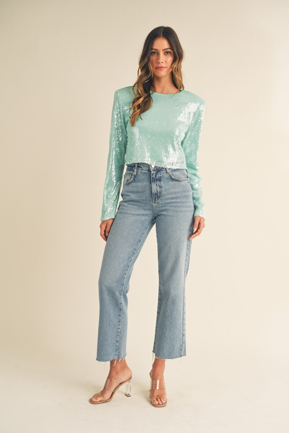 MABLE Shoulder Padded Sequin Crop Top  Trendsi   