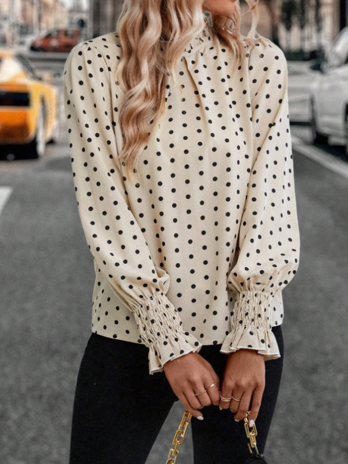 Polka Dot Mock Neck Long Sleeve Blouse  Trendsi   