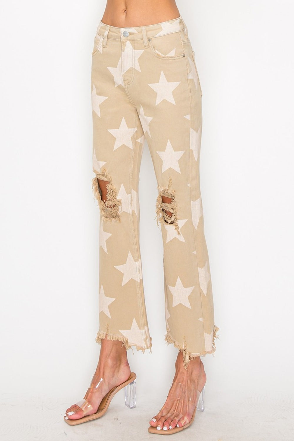 RISEN Full Size High Rise Star Printed Frayed Hem Jeans  Trendsi   