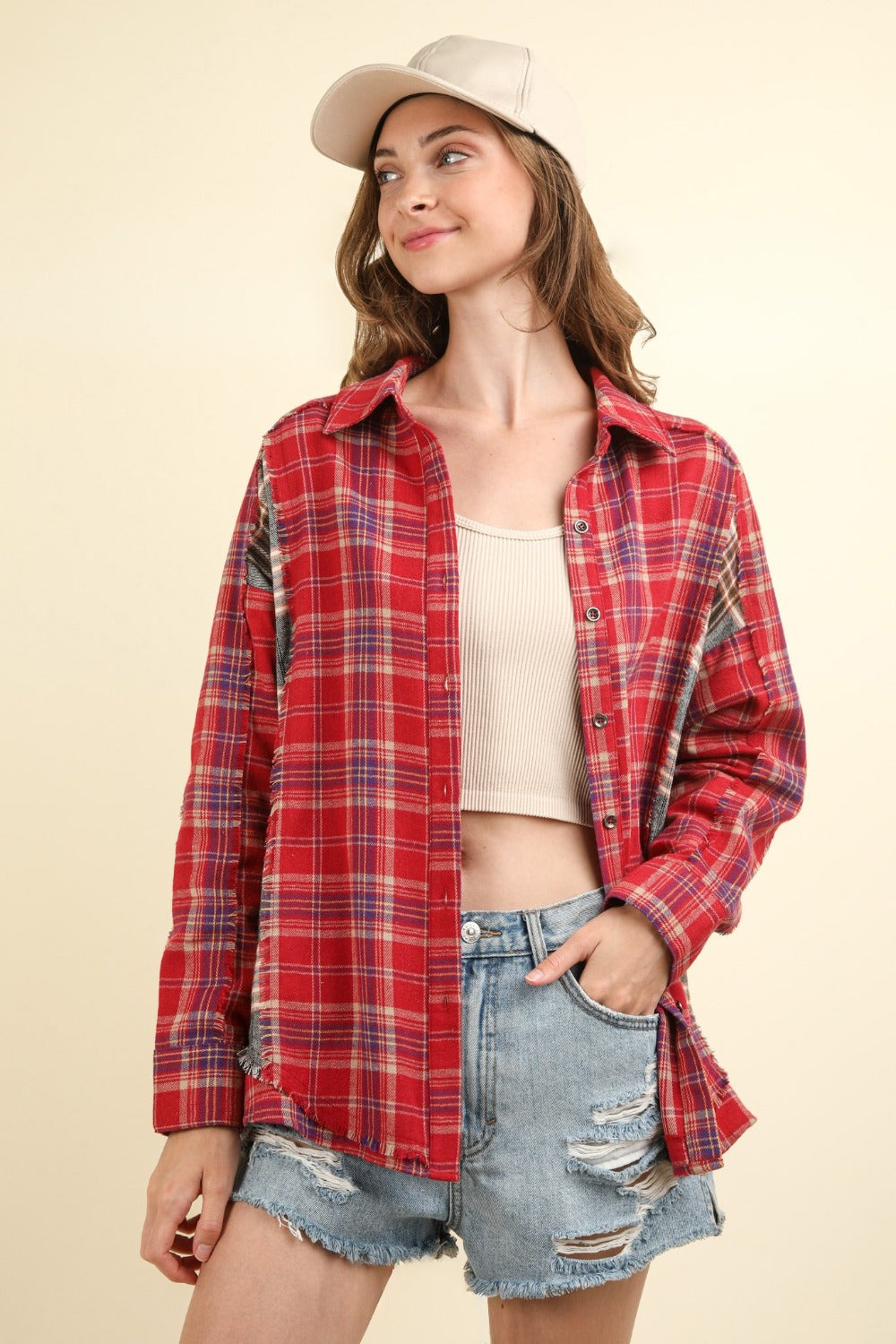 VERY J Contrast Plaid Raw Detail Shirt Luxe Trendsi   