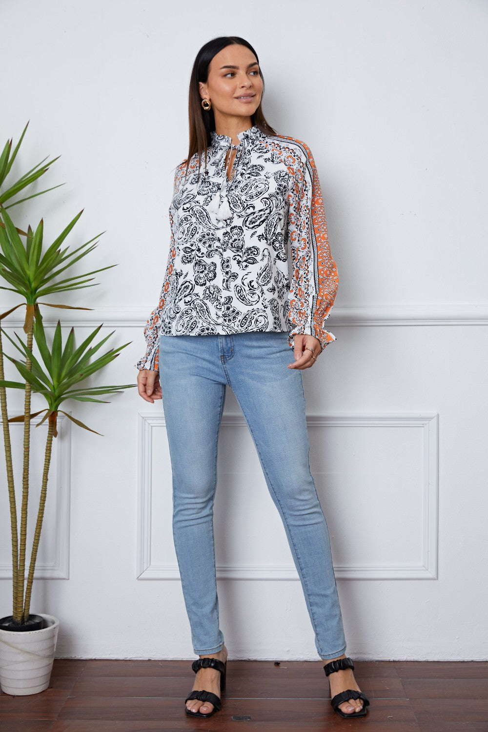 Tassel Tie Neck Printed Smocked Long Sleeve Blouse Blouse Trendsi   