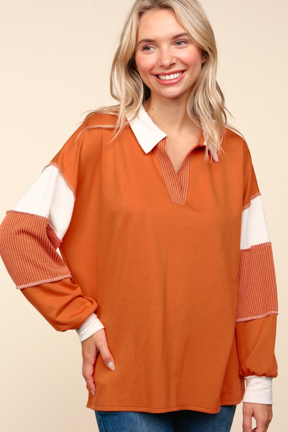 Haptics Color Block Exposed Seam Long Sleeve Top  Trendsi   