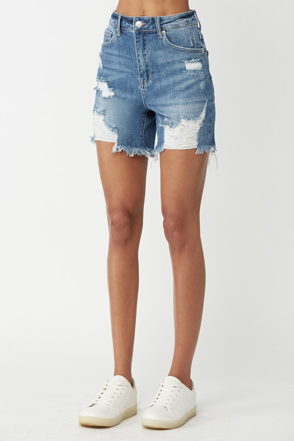 RISEN High Waisted Distressed Denim Shorts  Trendsi   